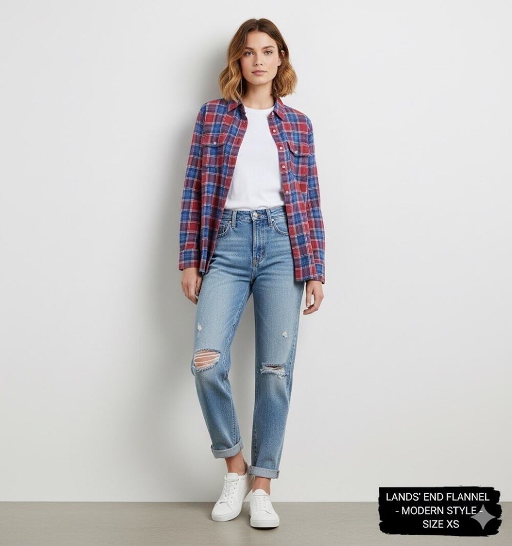 Lands End Plaid Womens XS 2-4 Red Blue Button Up Flannel Shirt Grunge